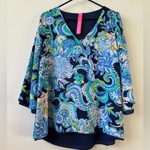 Lilly Pulitzer Florin Blue 3/4 Sleeve Flowy V Neck Top Size Medium